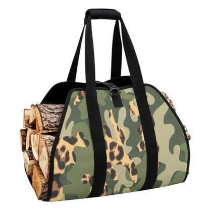 Leopard Camo Print Firewood Log Carrier Tote Bag | Water Resistant, Adjustable Buckle, Open-Ended Design, Suitable for Fireplace, RV Camping and Bonfire - color: Jungle Green Leopard Camo Mix Print