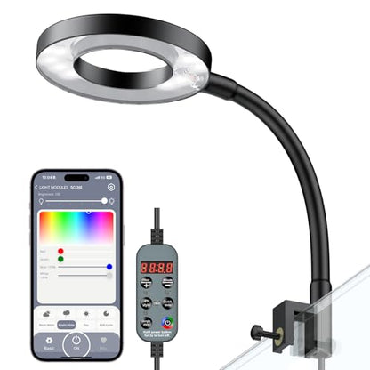 Pawfly 6W Smart Bluetooth Fish Tank Clip Light, Full Spectrum LED Aquatic Light with 24-Hour Cycle Timer & Variable Brightness, USB Supply for 1-5Gal Small Tanks (Adapter Not Included) - size: For 1 to 5 Gallon Fish Tank（Bluetooth）