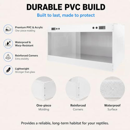 Reptile Tank PVC Enclosure with Dual-Zone Temp Control, White | Reptile Tank PVC Terrarium with Viewing Window, Ventilation Grilles, E27 Lamp Support, for Bearded Dragon Snake Turtle Gecko