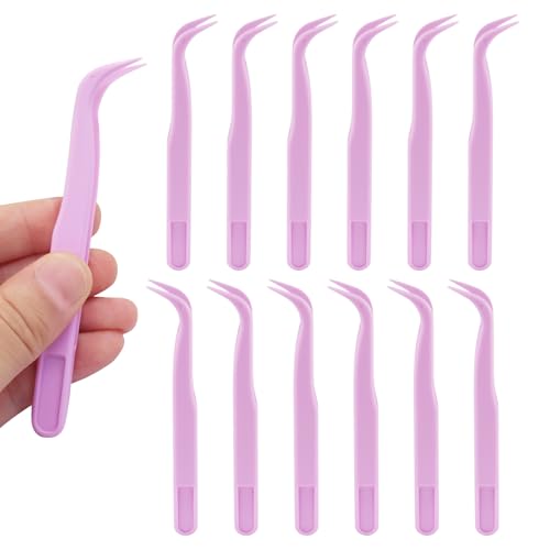 12Pcs Plastic Tweezers, Purple, 4.5 Inch Bent Craft | Bulk Bead Tweezer, DIY Jewelry Making, Baking Decoration, Crafts - color: Purple
