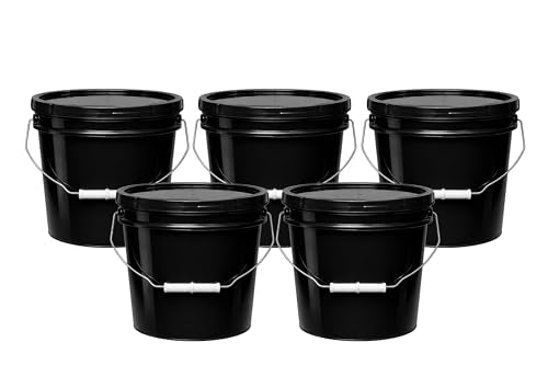2-Gallon Bucket with Airtight Lid – Made in USA, Food Grade BPA Free Plastic, Heavy Duty Multi-Use, Metal Handle with Grip, Stackable Storage – Black, 5 Pack - color: Black, size: 5
