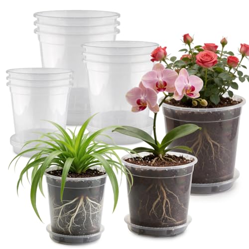 BTPLASTIK 1/2/3/5 Gallon Clear Nursery Pots with Saucers 4 Size Set 12P, Round Plastic Plant Pots with Drainage Holes - size: 1/2/3/5 Gallon + Saucers 12P