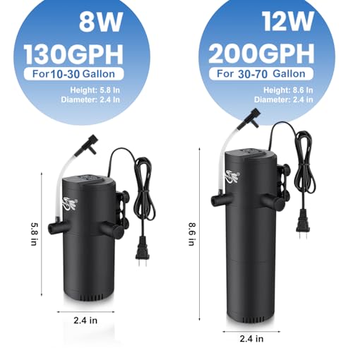 Aquarium Filter for 30-70 Gallon Tank, Fish Tank Filter with Wave-Maker Oxygenation Circulation, Adjustable Air Flow Filter for Freshwater & Saltwater, 4 in 1 Submersible Filter (12W)