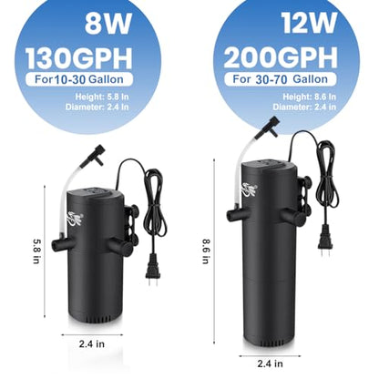 Aquarium Filter for 30-70 Gallon Tank, Fish Tank Filter with Wave-Maker Oxygenation Circulation, Adjustable Air Flow Filter for Freshwater & Saltwater, 4 in 1 Submersible Filter (12W)