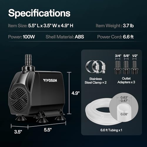 VIVOSUN 1050GPH Submersible Fountain Water Pump for Aquarium, Hydroponics | 4000L/H 100W Aquarium Pump, Quiet Pump With 13.1 ft Head Lift, 6.6 ft Power Cord, 3 Nozzles, Tubing, & 2 Clamps - size: 8"×6"-1050