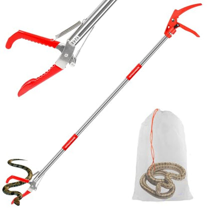 Upgraded 50" Snake Grabber Tool with Lock, Stainless Steel Snake Tongs, Foldable Long Reach Snake Catcher with Non-Slip Grip and Wide Jaw