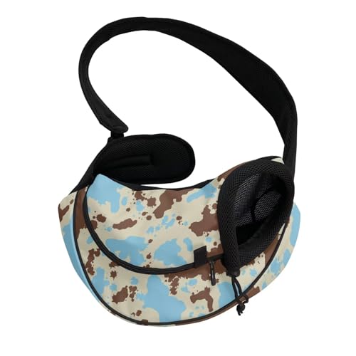 COEQINE Hands-Free Brown Blue Cow Print Pet Crossbody Purse for Women Walking Hide Abstract Front View Cat Carrier Sling Adjustable Strap Small Cats Dogs Outdoor Adventure - color: Brown Blue Cow Print