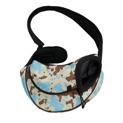 COEQINE Hands-Free Brown Blue Cow Print Pet Crossbody Purse for Women Walking Hide Abstract Front View Cat Carrier Sling Adjustable Strap Small Cats Dogs Outdoor Adventure - color: Brown Blue Cow Print
