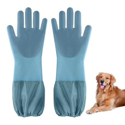 Dog washing gloves | Pet grooming gloves | Extra Long Arms 17.3in,hazy blue | This pet hair removal glove is made of thickened waterproof silicone and features scratch and bite resistance. - color: hazy blue