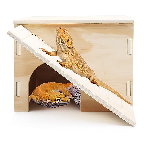 Large Bearded Dragon Hide Cave, Wooden Lizard Hideout with Climbing Ramp, Reptile Habitat with Basking Platform, Tank Accessories for Bearded Dragon Lizard Chameleon Hamster 11.3 x 9.1 x 7.1 Inch - size: 11.3 x 9.1 x 7.1 Inch