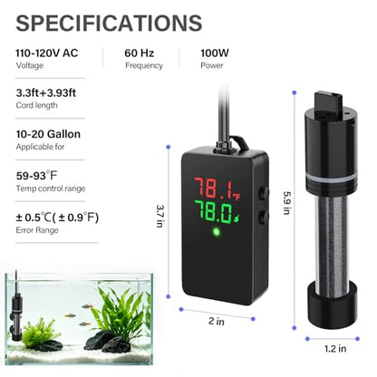 hygger ECO Precise 100W Aquarium Heater Submersible, for 10-20 Gallon Fish Tank, ±0.5℃ Dual Probe Controller, Overheat & Dry-Run Protection for Freshwater & Saltwater - size: 100W