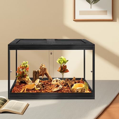 31 Gallon Bearded Dragon Tank, 24 x 16 x 16 Inch Tempered Glass Reptile Enclosure with Metal Mesh Top, Lockable Sliding Front Doors, Large Lizard and Snake Terrarium, Black - color: Black, size: 31 Gallon (24x15.5x15.5 Inch)