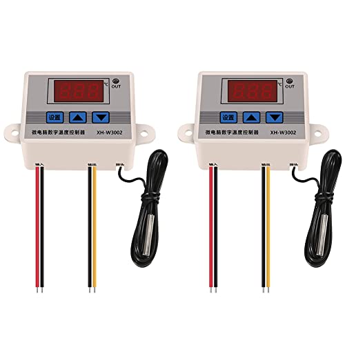 2PCS XH-W3002 Digital Temperature Controller -50 to 110 °C Programmable Heating Cooling Thermostat LED Display Thermostat Control Switch and NTC 10K Thermistor Sensors with Waterproof Probe