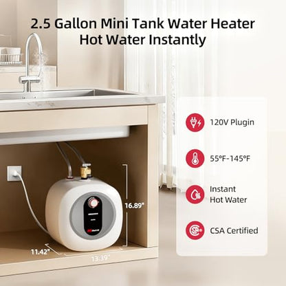 Electric Mini Tank Water Heater - 2.5 Gallon Under Sink Small Hot Water Heater - 110 120V Point of Use for RV, Camper, Kitchen, Food Truck - Easy to Install - Wall or Floor Mounted - color: 2.5 Gal