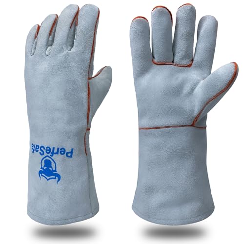 Welding Gloves Heat Resistant Leather Fireproof Gloves 14 In Grey | Welders Gloves for MIG TIG Stick, Grill Gloves Mitts for BBQ,Oven,Forge,Fireplace,Fire Pit,Furnace,Wood Stove,Dry Ice,Baking - color: 14 Inches Grey