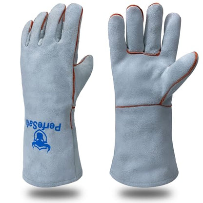 Welding Gloves Heat Resistant Leather Fireproof Gloves 14 In Grey | Welders Gloves for MIG TIG Stick, Grill Gloves Mitts for BBQ,Oven,Forge,Fireplace,Fire Pit,Furnace,Wood Stove,Dry Ice,Baking - color: 14 Inches Grey