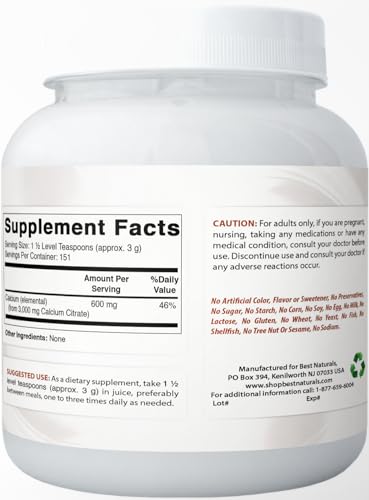 Best Naturals Calcium Citrate Powder - Calcium Supplement, High Bioavailable 3000 mg per Serving (600 mg Elemental Calcium) - Unflavored & Gluten Free - 1 Pound