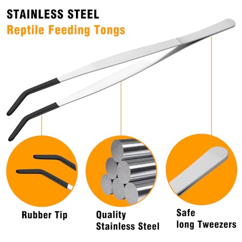 2-Pack Reptile Feeding Tongs with Soft Rubber Tips - 10" & 11.8" Extra Long Curved/Straight Aquarium Tweezers for Bearded Dragons, Snake Feeding & Terrarium Maintenance,Stainless Steel