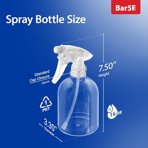 Bar5F Empty Clear Spray Bottle, 16 Oz, Pack of 3 | Adjustable Head Sprayer, Fine to Stream, Natural