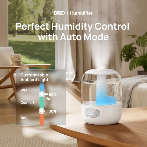 DREO 3L Smart Humidifiers for Bedroom, 30H Runtime, 26 dB Quiet, Top Fill | Easy to Clean, Precise Humidity Control, Night light, Cool Mist Humidifier for Large Room, Baby, Work With APP/Voice/Alexa - color: Snow White, size: 3L