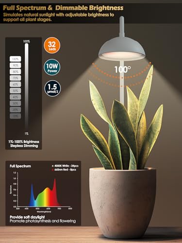 Smart Grow Light for Indoor Plants, Full Spectrum Plant Grow Light | 10W LED Plant Light with 3/9/12 Timer, Smart APP&in-line control, 10 Dimming Levels, Height Adjustable Grow Light with Base - color: White