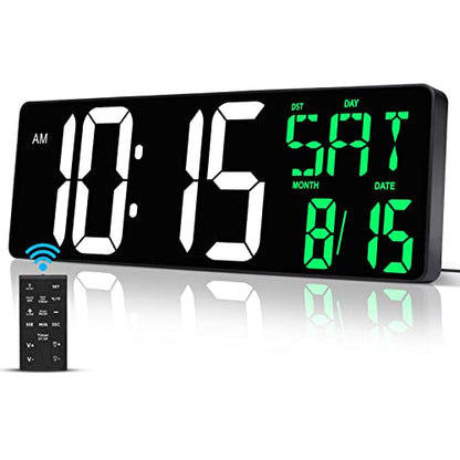 17" Large Digital Wall Clock with Remote, Auto Dimmer, Date Temp, Timer | Large clear display, Snooze function, Count up and down timer, Suitable for Living Room, Office, Gym Indoor Spaces - color: Green + White