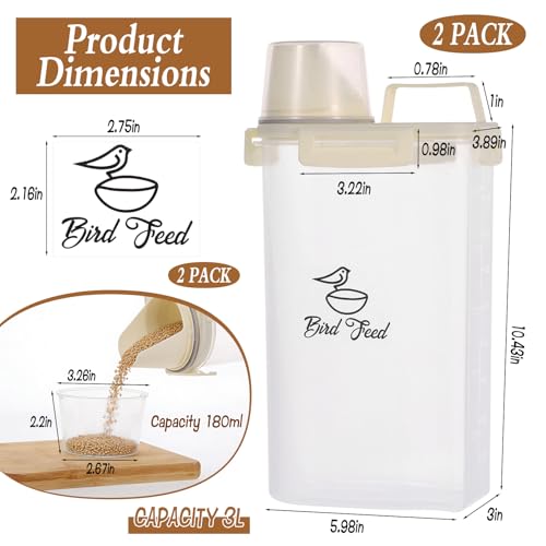 2 Pcs 3.17 Qt/3 L Bird Seed Storage Container Airtight- Portable Bird Food Container with Airtight Measuring Cup, Clear Pet Parrot Seed Dispenser for Birds Food Chicken Feed Storage, Beige Lid