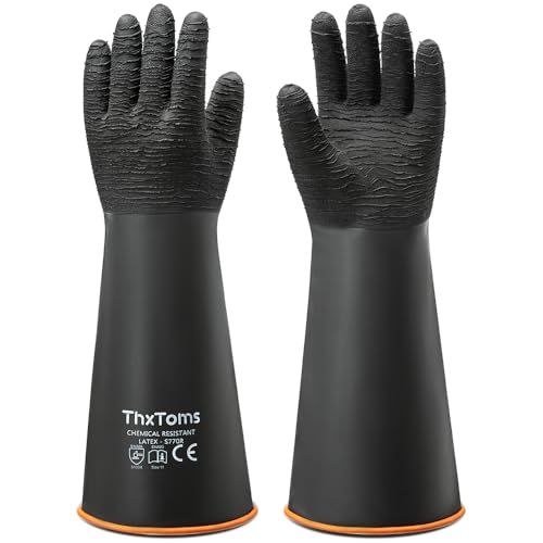 ThxToms Heavy Duty Rubber Gloves, 14" Upgraded with Non-Slip Design | 1 Pair Black Industrial Chemical Resistant Gloves Waterproof Reusable Protective Work Gloves for Dishwashing - color: 18"