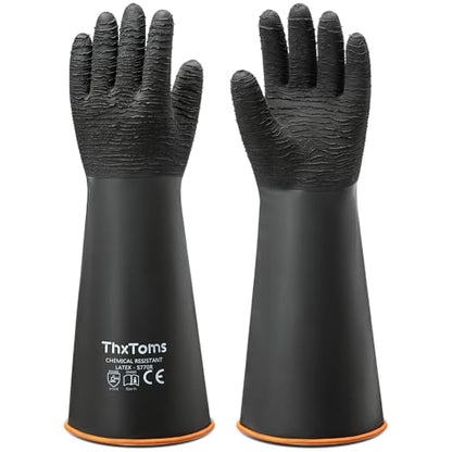 ThxToms Heavy Duty Rubber Gloves, 14" Upgraded with Non-Slip Design | 1 Pair Black Industrial Chemical Resistant Gloves Waterproof Reusable Protective Work Gloves for Dishwashing - color: 18"