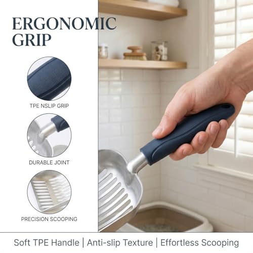 Cat Litter Scoop, Kitty Metal Scooper, Aluminum Alloy Sifter, Kitten Pooper Lifter, Deep Shovel, Long Handle, Poop Sifting, Durable, Heavy Duty, for Litter Box - color: Flat Aluminum-Blue Handle, size: Small