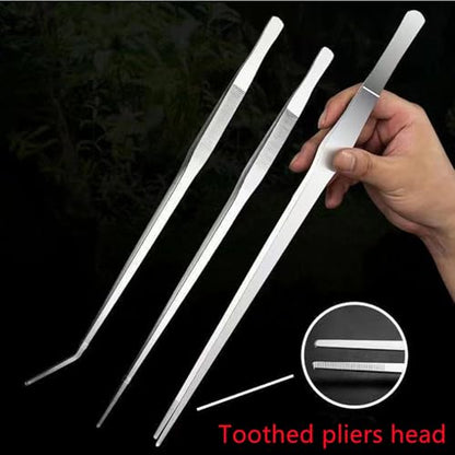 2Pcs set of aquarium water grass tweezers, measuring 18 inches length, with straight and curved ultra long stainless steel Heavy tweezers, reptile feeding pliers, aquarium clip pliers (18")