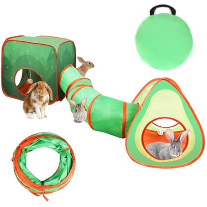 YUEPET Rabbit Tunnel & Cube Tent, Bunny Hideout, Guinea Pig Tunnel, Avocado | Foldable 3-in-1 Set, Bunny Tunnel, Crinkle Fabric, Play Ball Included, Configurable Shapes - color: Avocado