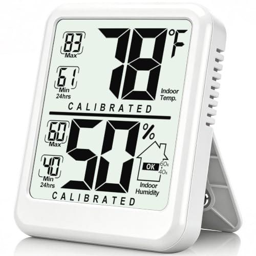 Room Thermometer Indoor Hygrometer, Temperature and Humidity Meter | W/ Battery, 24h Max/Min Record, Accurate Sensor, Fast Refresh, Easy to View, ℉/℃, Durable Kickstand, Compact, for Home Office - color: White（ new version)