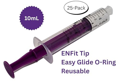 Envue ENFit 10mL Reusable O-Ring bFed Syringe for Tube Feeding, 25-Pack, Purple Plunger