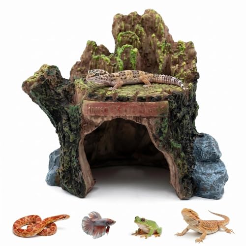Reptile Bark Hide Cave, Resin Simulation Cork Bark Hideout, Bark Terrarium Decor, Hollow Shelter Habitat Ornament for Lizard, Gecko, Snake, Frog - color: wood-1