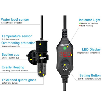 YukiHalu Super Mini Aquarium Heater, 10W 20W 30W Adjustable Fish Tank Heater with External Controller, Overheating Protection, Digital Display, Used for 0.5-3 Gallons(20 watts) - size: 20 Watts