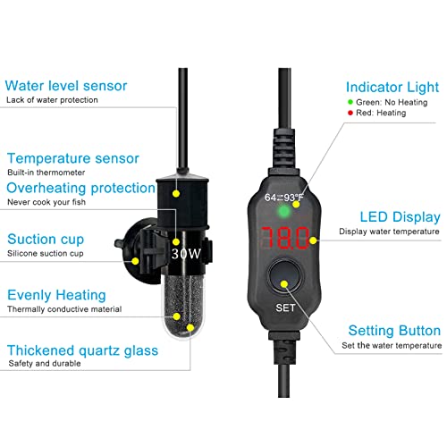 YukiHalu Super Mini Aquarium Heater, 10W 20W 30W Adjustable Fish Tank Heater with External Controller, Overheating Protection, Digital Display, Used for 0.5-3 Gallons(30 watts) - size: 30 Watts