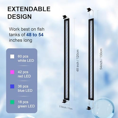 Led Aquarium Light, Full Spectrum Fish Tank Lights, 55/75 Gallon Freshwater Fishtank Hood Lighting for Grow Fish, Plants, Adjustable from 48 to 54 Inch - size: 48-54 IN