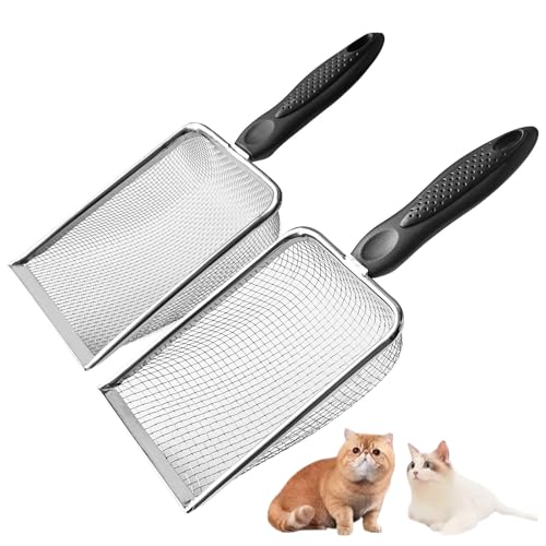 2 Pack Stainless Steel Metal Litter Scooper with 3.8mm & 2.0mm Mesh, Heavy Duty Rust-Proof Cat Litter Box Poop Scooper Sifter for Dog, Cat, Rabbit, Hamster, Reptile