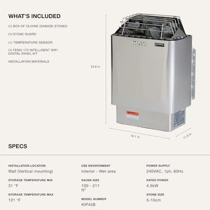 Harvia KIP Sauna Heater, Wall Mounted Electric Sauna Stove, Stainless Steel 240v Heater with Sauna Stones Included, Large Stone Cavity for Maximum Heat Release (4.5kW - Fenix Digital Controller) - style: 4.5kW - Fenix Digital Controller