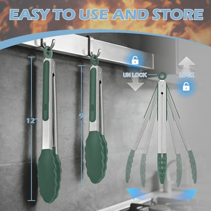 Stainless Steel Kitchen Tongs with Silicone Tips, Locking Grilling Food Tongs, 9" and 12", Set of 2 Dark Green - color: 2pack Dark Green