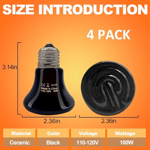 BNOSDM Reptile 100W Ceramic Heat Emitter,4 Pack Reptile Heat Lamp Bulbs,Ceramic Heat Lamp,Brooder Coop Heater for Amphibian Reptile Lizard Turtle Chicken - color: Pack of 4/Black, size: 100 Watts