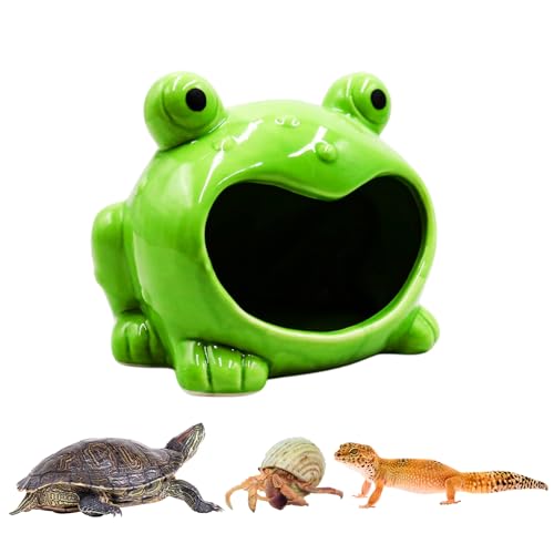 Reptile Tank Accessories – Ceramic Cartoon Frog Hideout with Open-Mouth Entrance, Cute Habitat Shelter for Hermit Crabs, Tortoises, Geckos, Tarantulas & Small Reptiles
