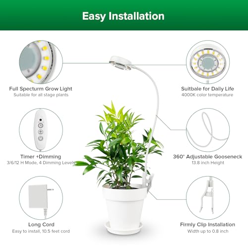 SANSI Grow Lights for Indoor Plants, Pot Clip-On Plant Lights, 10W 1-Pack | LED Plant Lights for Indoor Growing, Full Spectrum Grow Lights, 4000K 4-Level Dimmable, 3/6/12H Timer - size: 1-Pack