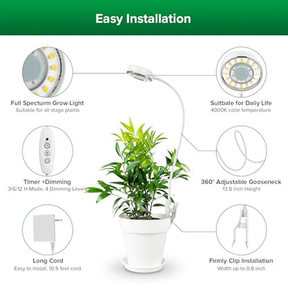 SANSI Grow Lights for Indoor Plants, Pot Clip-On Plant Lights, 10W 1-Pack | LED Plant Lights for Indoor Growing, Full Spectrum Grow Lights, 4000K 4-Level Dimmable, 3/6/12H Timer - size: 1-Pack