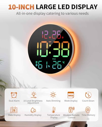 10 Inch Large Digital Wall Clock with 13 Color Changing Remote Control, Date Week Temperature, Auto Brightness Dimmer Big Clock with Night Lights,RGB - color: Rgb