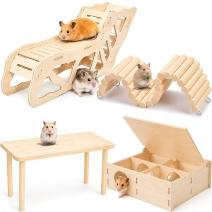 BreezeHug 4 Pcs Hamster Cage Accessories Hamster Platform Hideout Wooden Tunnel Ladder Playhouse Game Climbing Toy with Platform for Pets Dwarf Syrian Mice Degus Gerbils Squirrel(Enclosure) - style: Enclosure