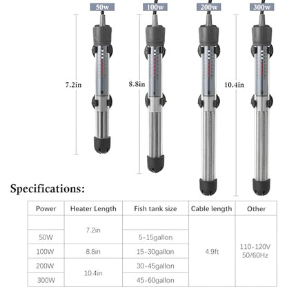50W Submersible Aquarium Heater, Adjustable Temperature for Fish Turtle Tank with Suction Cup Mounting