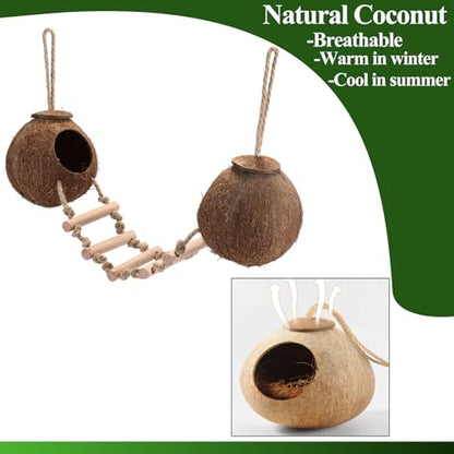 HERCOCCI Gecko Tank Accessories, Hermit Crab Toys Double Coconut Shell | Natural Coconut Husk Hut with Climbing Ladder with Suction Cup for Leopard Gecko Snake Reptiles