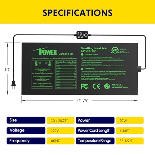 iPower 10"x20.75" Seedling Heat Mat with Built-in Temperature Controller, MET Certified Waterproof Plant Heating Pad, for Germination, Breeding, Brewing - size: 10" x 20.75", style: with Digital Controller